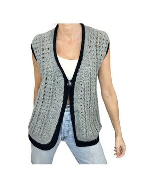 Hand knit chunky open knit grey black grandma cardigan sweater vest